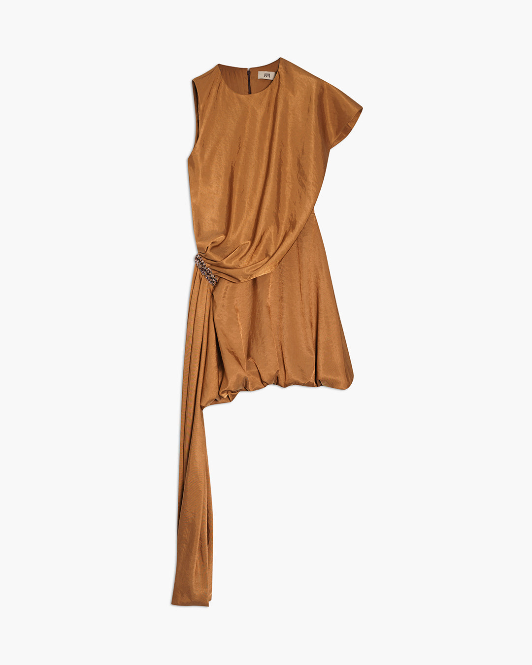Vestido curto drapeado com aplicação de jóia
